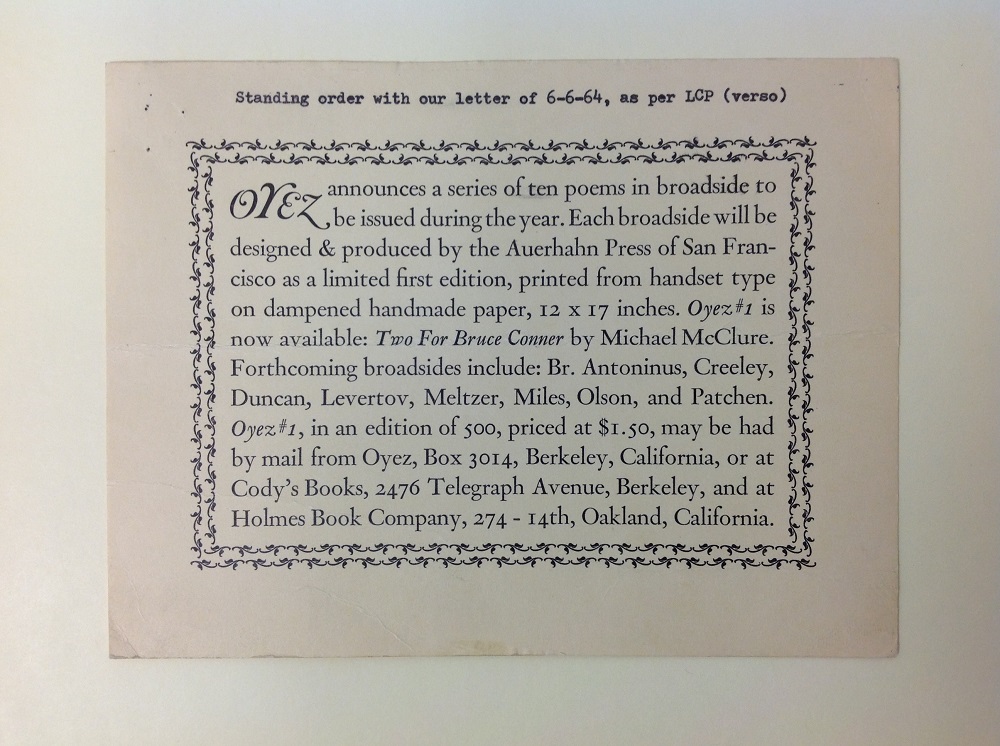 Postcard announcing the broadside series. Recto is postmarked June 1, 1964 and addressed to Dr. Lawrence Clark Powell. A handwritten note reads "Clark lib. to place standing order."
