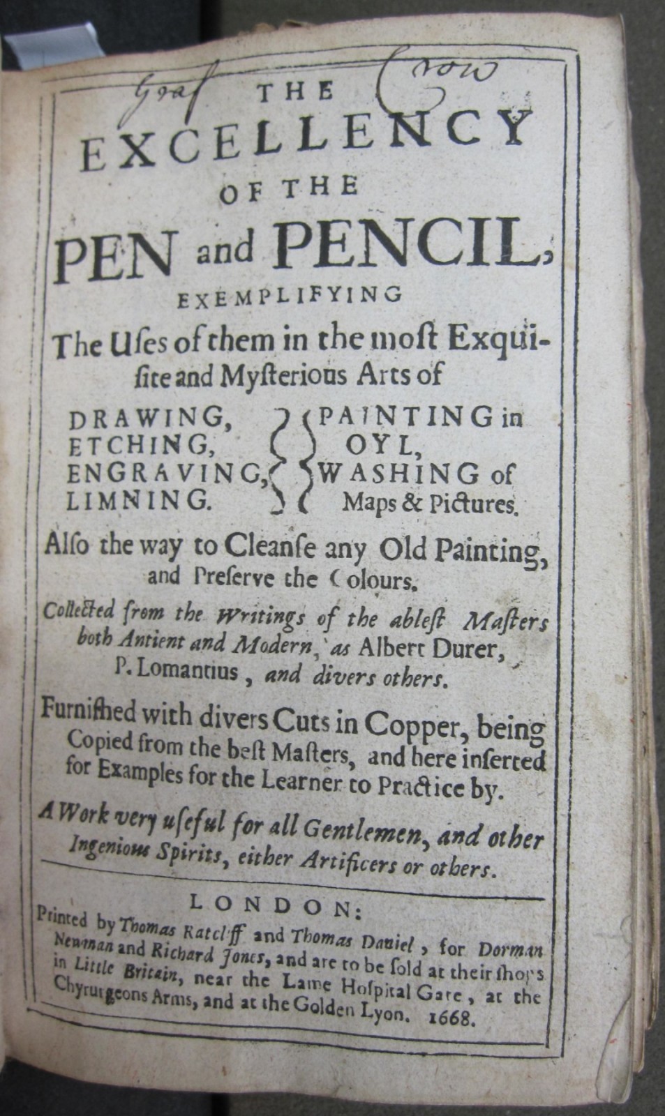 Title page, The excellency of the pen and pencil (1668)