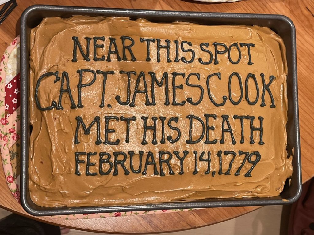 Cake in the shape of the Death of Captain Cook memorial stone, provided by pacific islander and indigenous studies scholar (& baker extraordinaire) Rae Kuruhara.